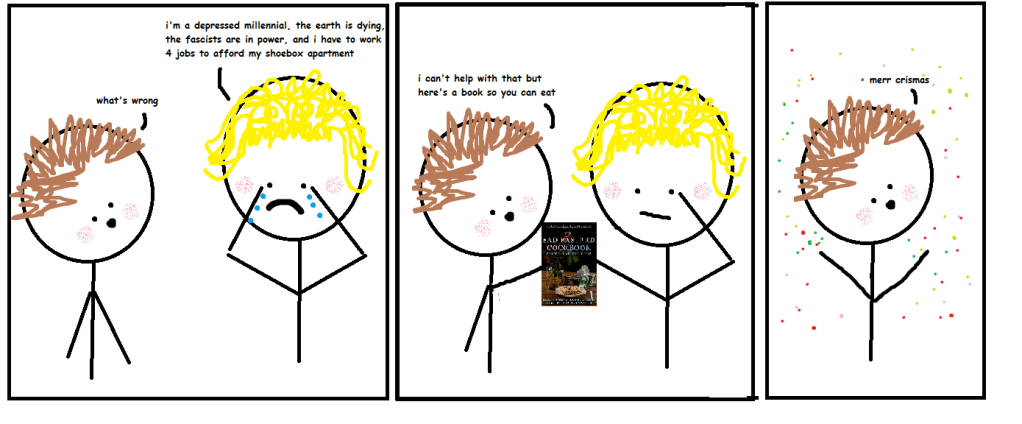 a comic about two millennials sharing the cookbook and looking after each other in a broken world