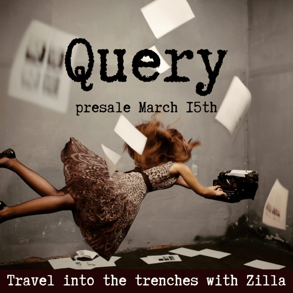 A woman falling through the air while typing on a typewriter