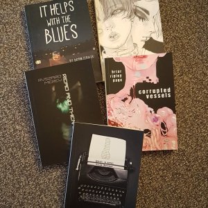 5 beautiful tiny perfect books. It Helps With The Blues, A/E, Read and Then Burn This, Corrupted Vessels and Query!