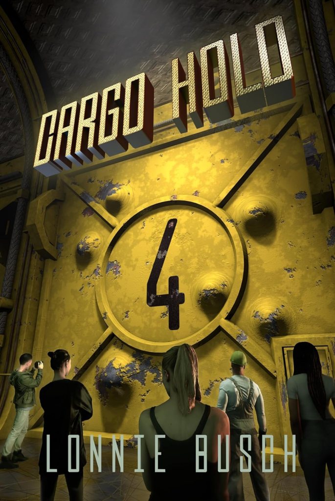 Cargo Hold 4 by Lonnie Busch. A crew stands outside a cargo hold on a space ship. Everything is fine. This is fine. The weird alien inside is probably not evil. Maybe.