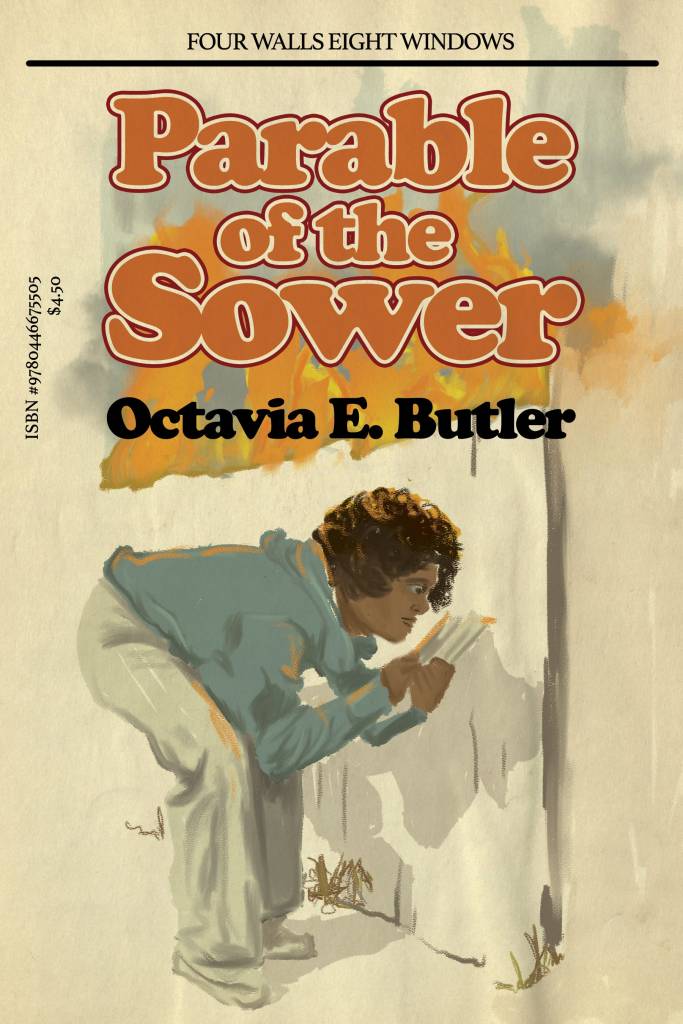 It's Parable of the Sower by Octavia E. Butler in the style of an old school Harriet the Spy paperback. Lauren, a young Black woman in a hoodie, examines a piece of paper by a fence while behind the fence, the city is on fire.