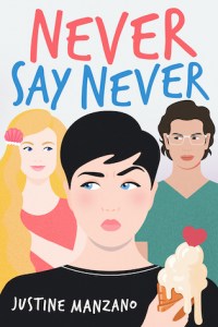 Cover of Never Say Never with 3 teens, one of them holding an ice cream