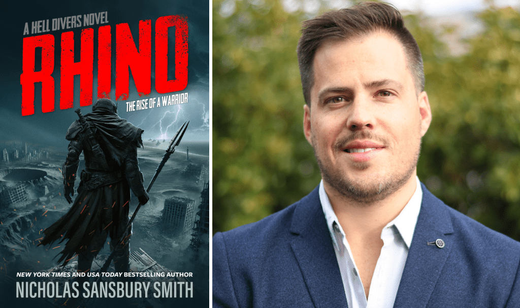 Cover for Rhino: The Rise of a Warrior: A Hell Divers novel by Nicholas Sansbury Smith, along with a photo of the author, a young white man.