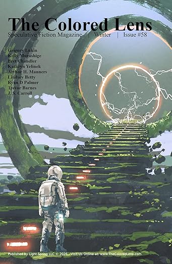 The cover of The Colored Lens, featuring an astronaut at the bottom of a set of moss-covered stairs with glowing lights, walking towards a glowing circle beneath mossy circles.