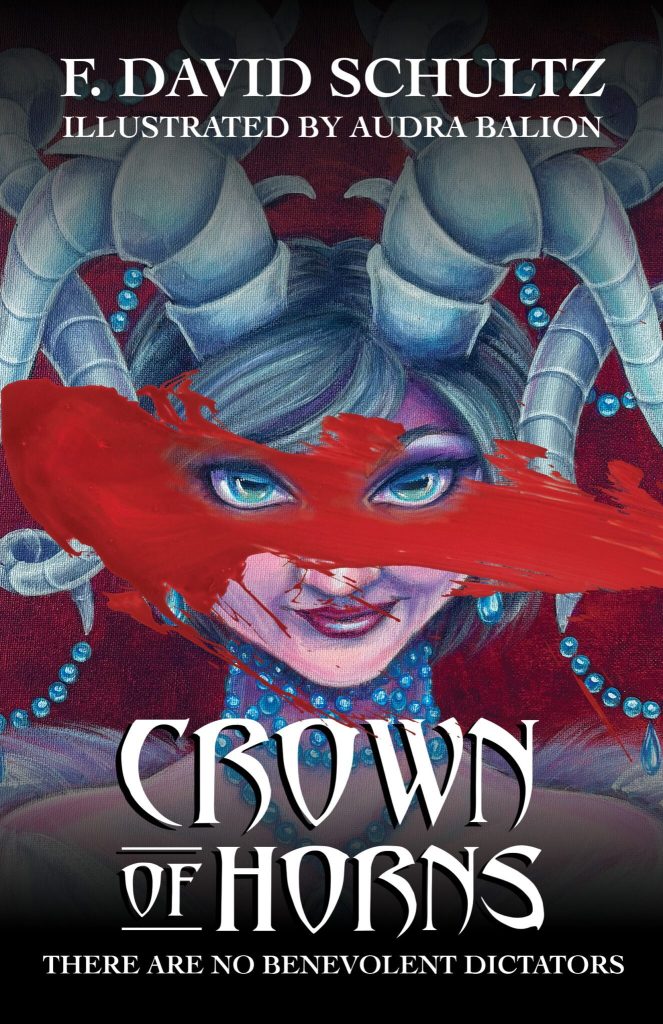 A painting of a woman smirking. She has curled horns and there is a streak of red across the painting. The title is Crown of Horns