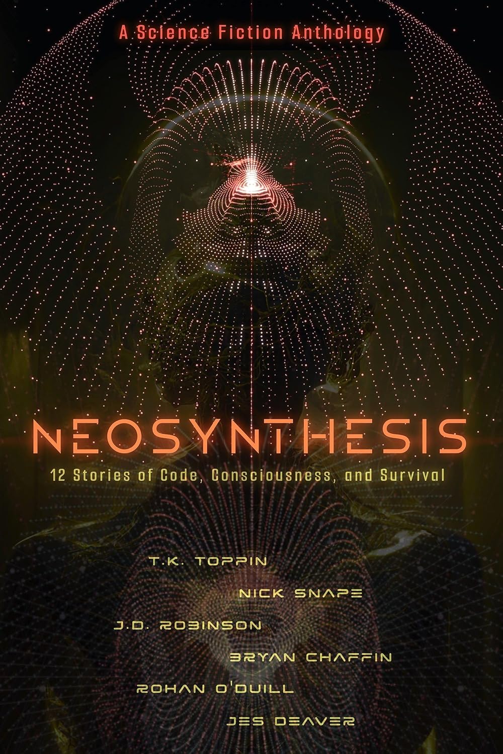 Neosynthesis cover - a dark background with a human face made of white dots