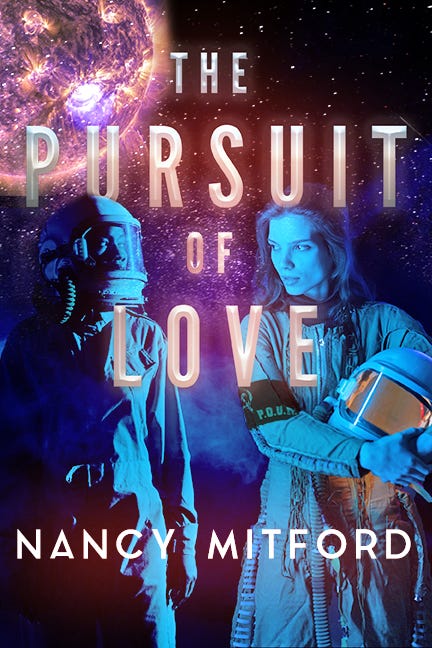 The Pursuit of Love by Nancy Mitford. One female astronaut staring at each other in a not-very-cousinly way, with a molten purple planet in the background.