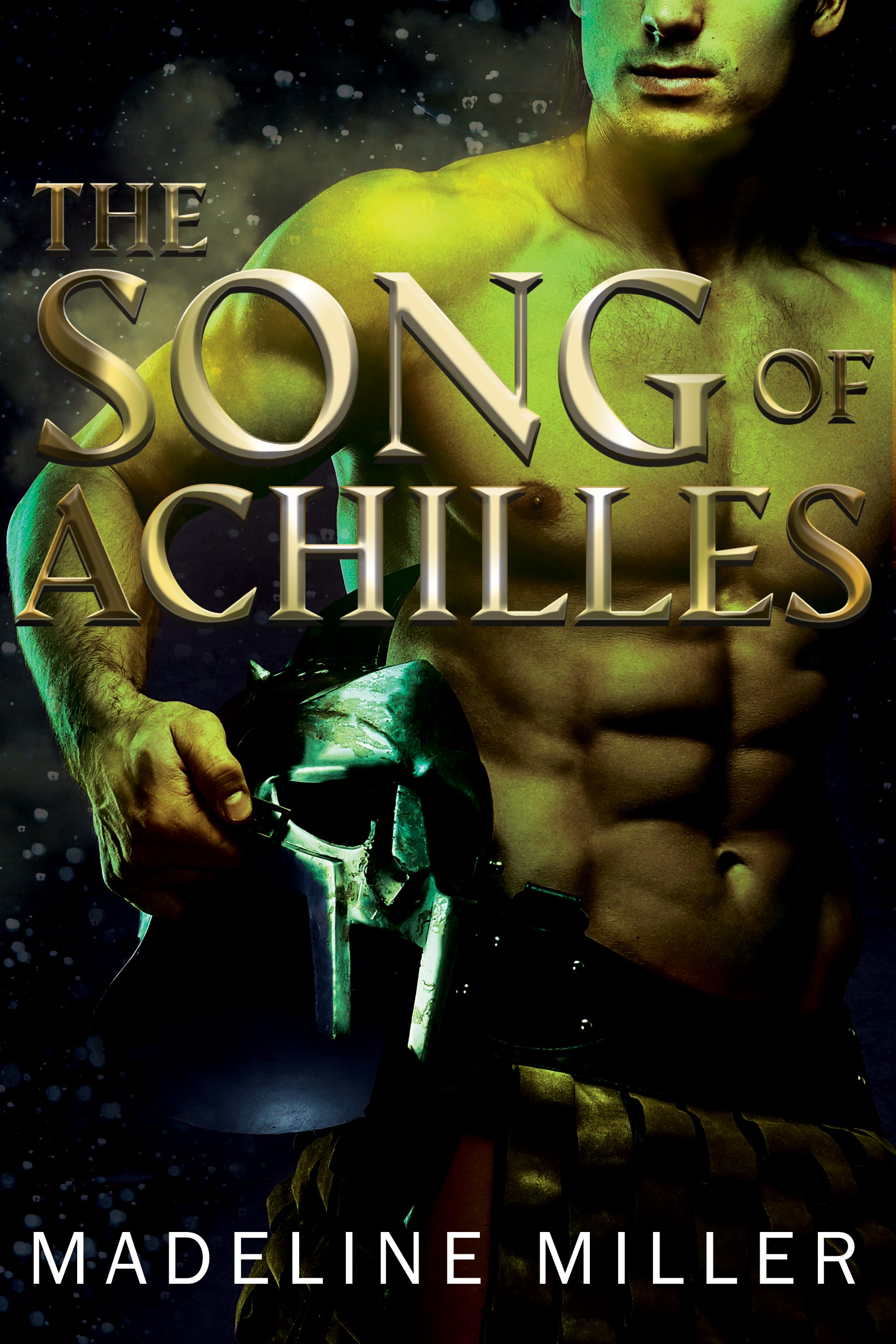 The Song of Achilles by Madeline Millar featuring a shirtless man holding a helmet. The important thing from my perspective as the designer is that his skin is tinted green because Millar describes Achilles skin as the colour of freshly-pressed olives and look, I didn't write that, I'm just an overly literal reader.