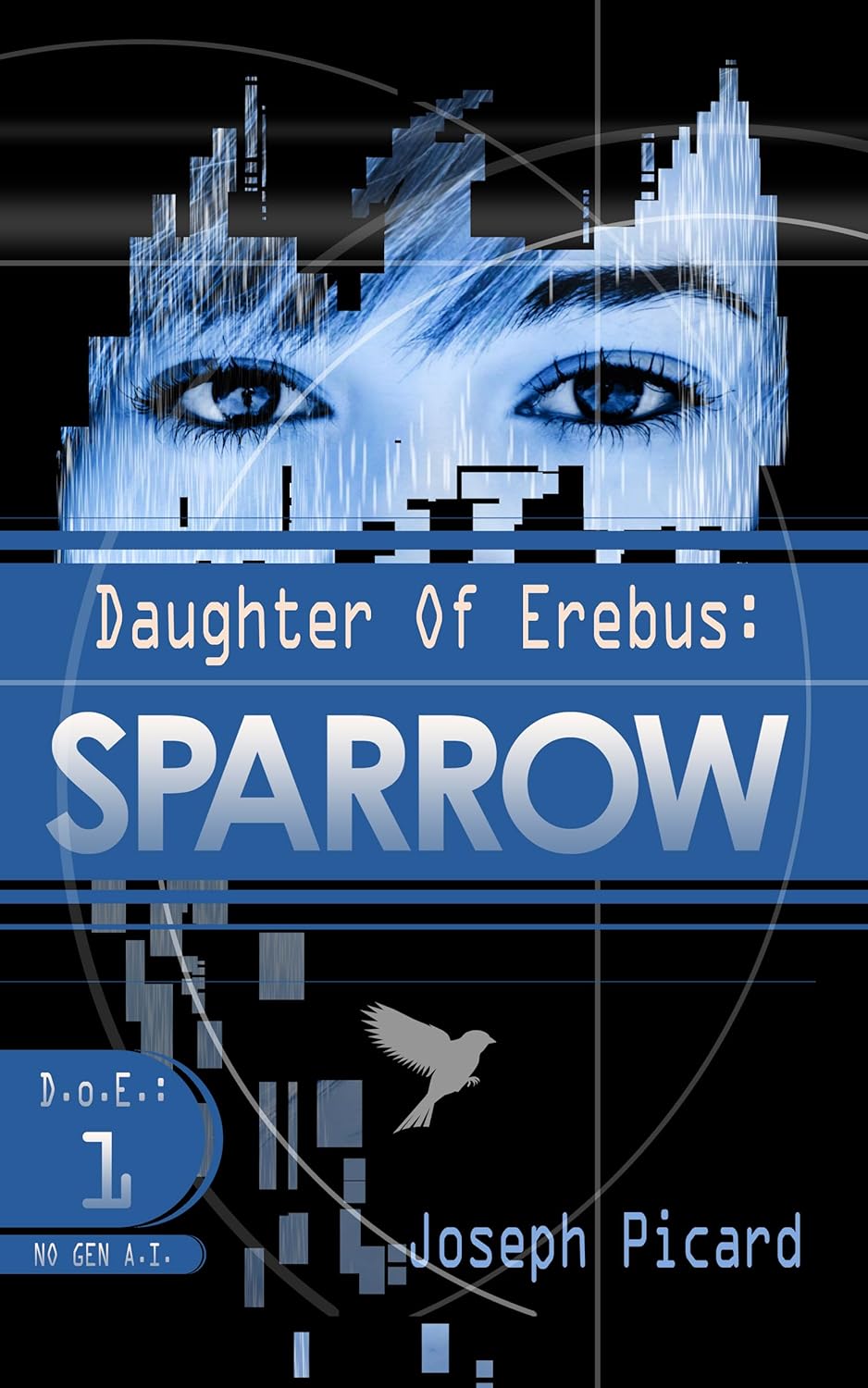 Sparrow, with a pixelated image of a young woman.