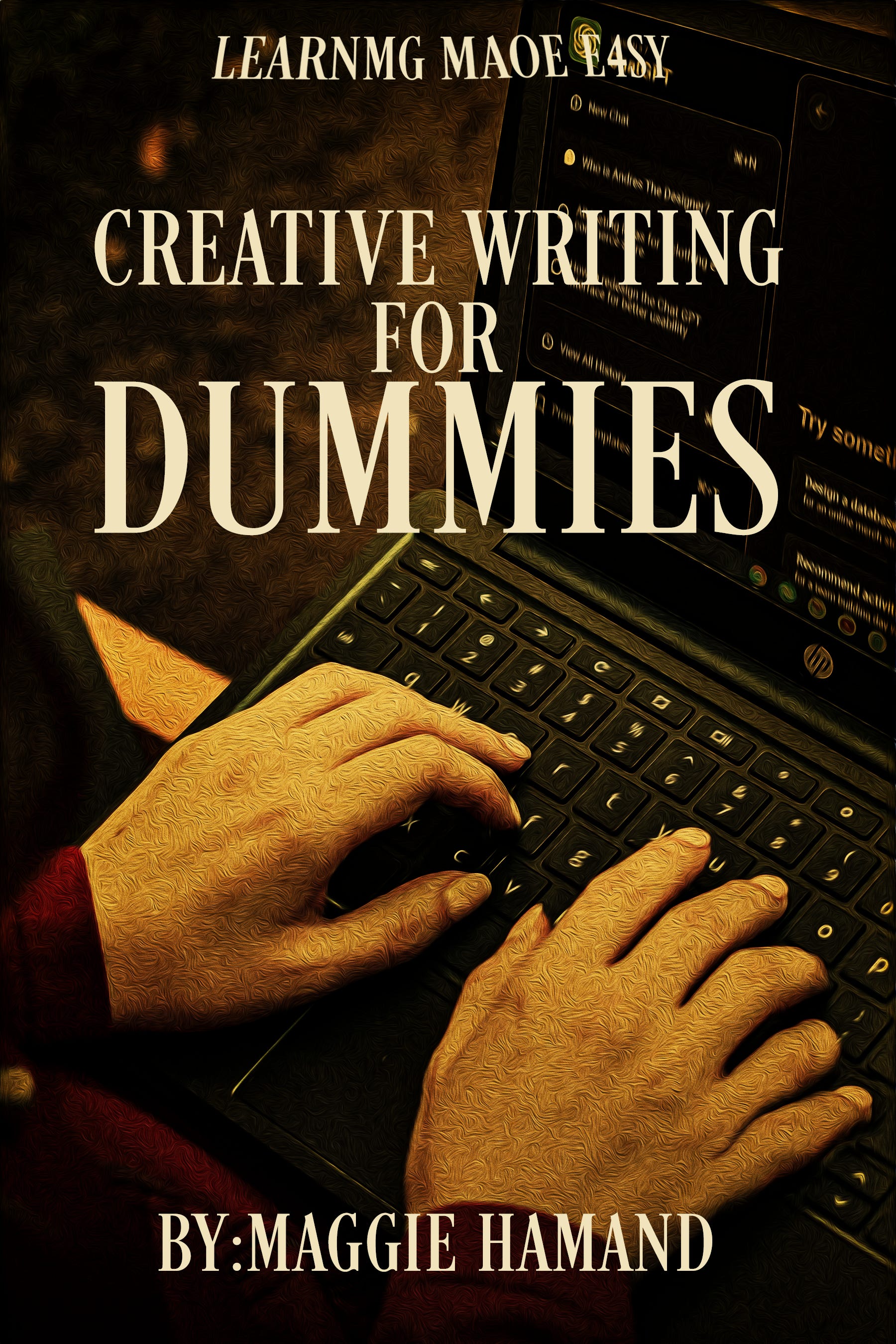 Creative Writing For Dummies by Maggie Hamand in the style of an AI slop cover, including extra fingers and a piss filter and loads of typos on "learning made easy." Closeup of someone's hands typing on a laptop, with ChatGPT visible on the screen.