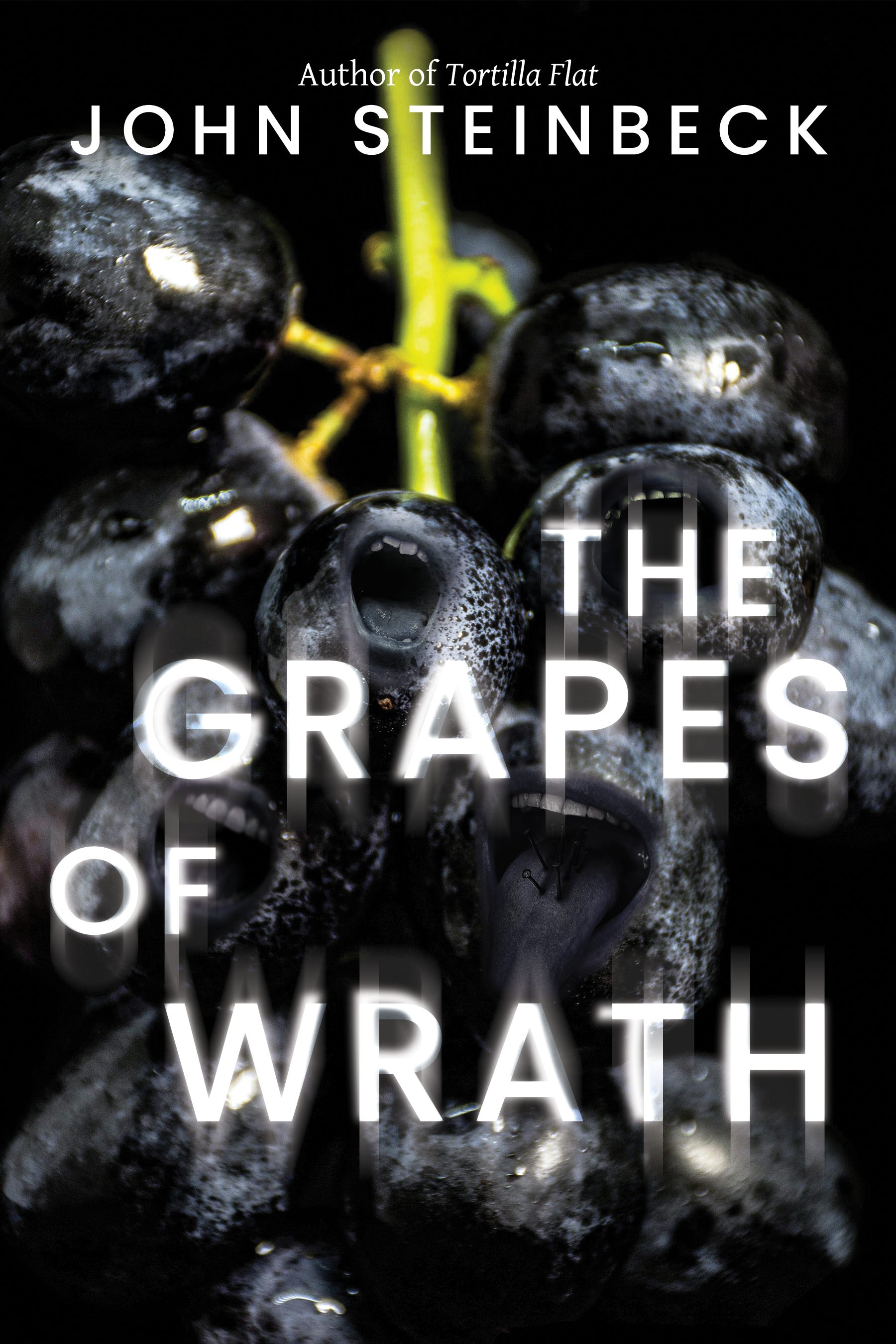 The Grapes of Wrath by John Steinbeck (author of Tortilla Flat). Large, dark grapes with screaming mouths on them.