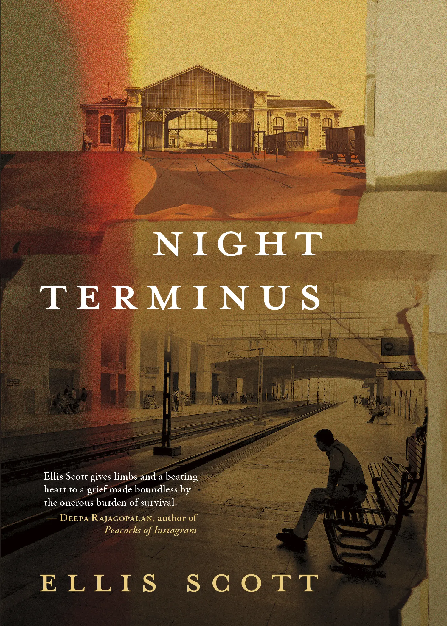 Night Terminus with a man sitting alone at a train station
