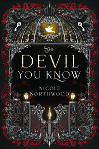 Cover of The Devil You Know by Nicole Northwood. It is black and red with images of keys, lanterns, and birds